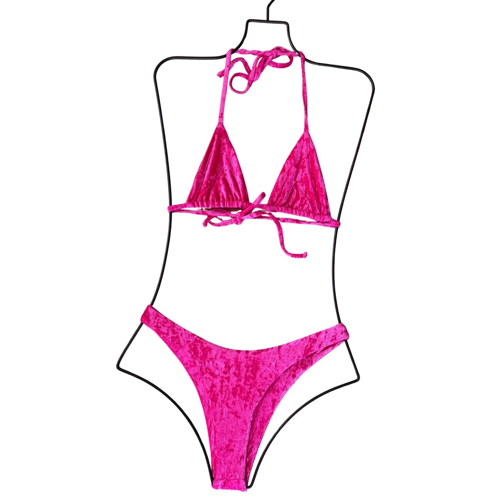 Inamorata Hot Pink Crushed Velvet Bikini Set Triangle High Cut Bottoms EUC S XS